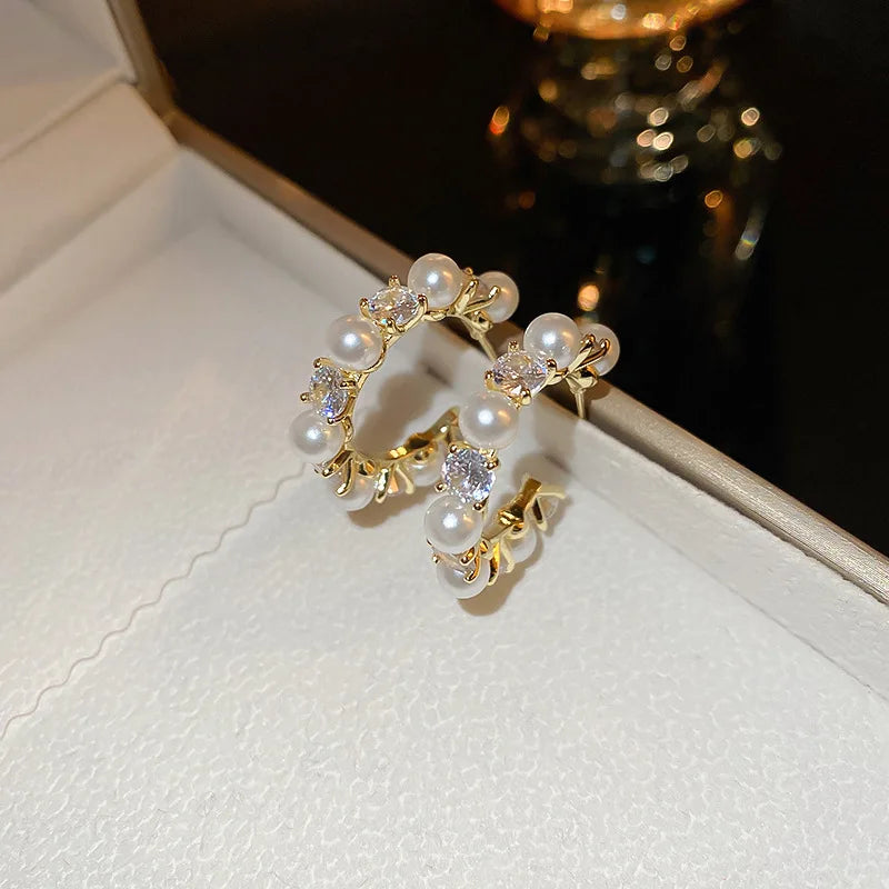 Rhinestone Pearl C-shaped Hoop Earrings for Women