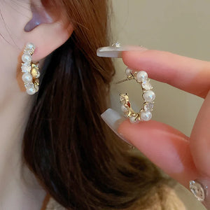 Rhinestone Pearl C-shaped Hoop Earrings for Women
