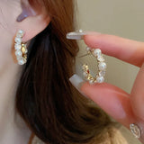Rhinestone Pearl C-shaped Hoop Earrings for Women