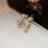Rhinestone Pearl C-shaped Hoop Earrings for Women