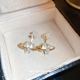 Heart Stud Earrings Rhinestone Pearl Planet Saturn Jewelry Gift