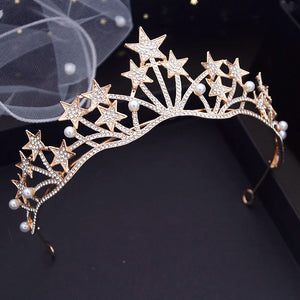 Rhinestone Pearls Star Crown Headwear Princess Prom Wedding Hair Jewelry