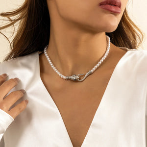 Rhinestone Snake Choker Necklace Charm Pearl Beaded Chain