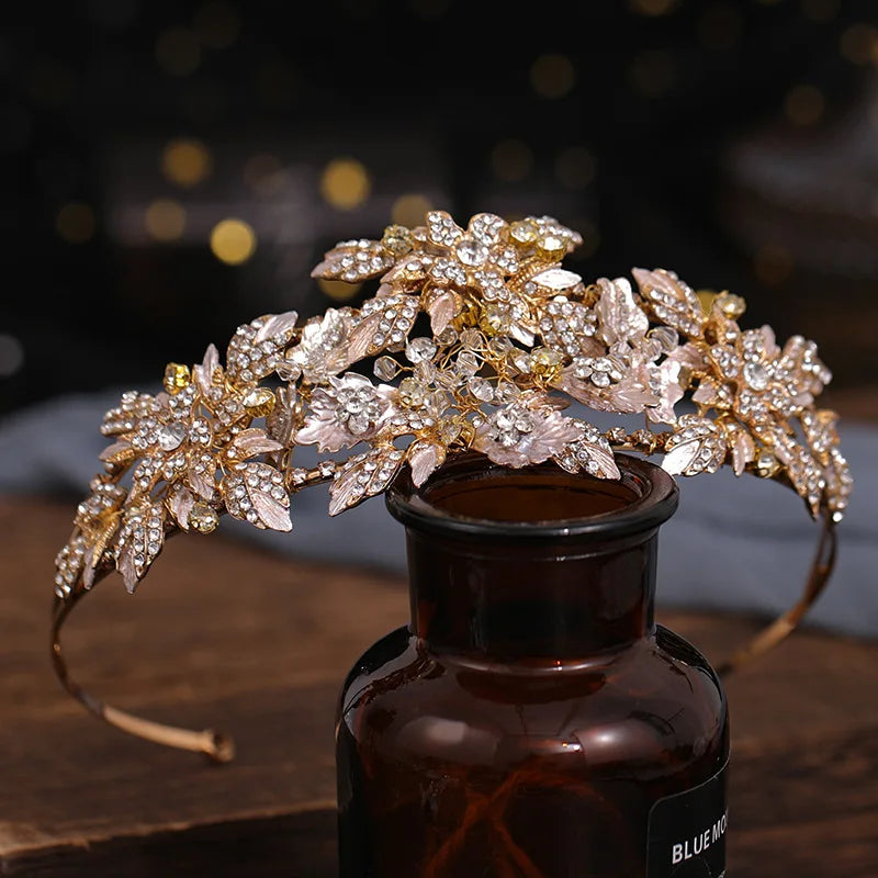 Rhinestone Tiara Crown Flower Headband for Women Girls Bridal Wedding Hair