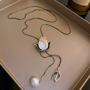 Tulip Flower Pearl Necklace Rhinestone Sweater Chain Long Necklace