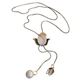 Tulip Flower Pearl Necklace Rhinestone Sweater Chain Long Necklace