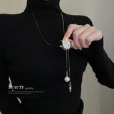 Tulip Flower Pearl Necklace Rhinestone Sweater Chain Long Necklace