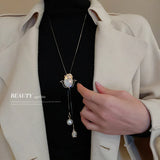 Tulip Flower Pearl Necklace Rhinestone Sweater Chain Long Necklace