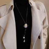 Tulip Flower Pearl Necklace Rhinestone Sweater Chain Long Necklace
