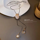 Tulip Flower Pearl Necklace Rhinestone Sweater Chain Long Necklace