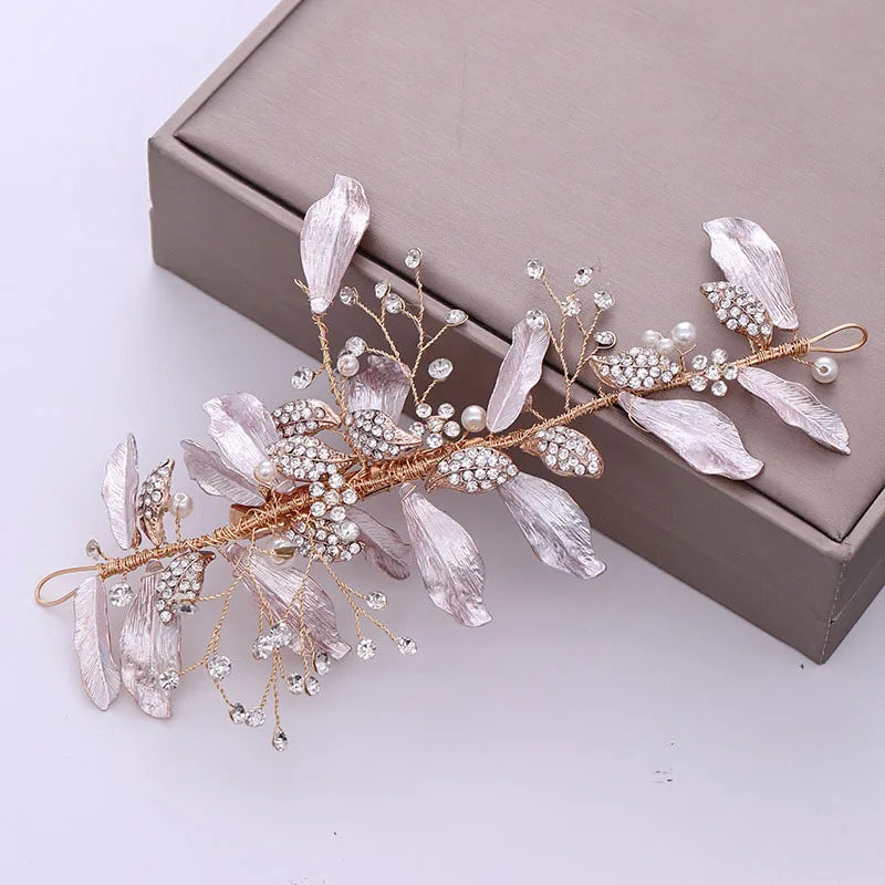 Silver Floral Leaf Rhinestone Headband for Wedding Prom Party