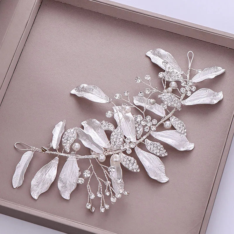 Silver Floral Leaf Rhinestone Headband for Wedding Prom Party