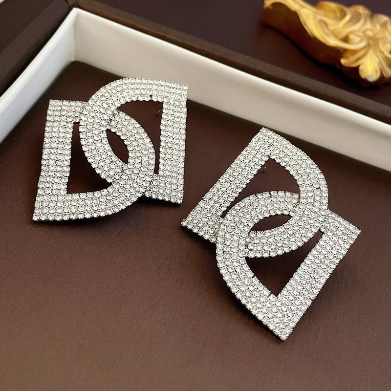 Rhinestone Letter D Earrings 925 Silver Vintage Women's Jewelry