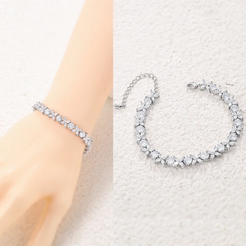 Rhodium CZ Crystal Floral Tennis Bracelet for Wedding or Daily Wear