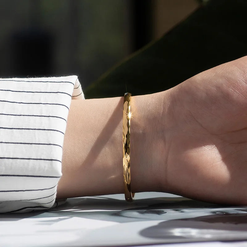 Rhombus Engraved Bangles for Women Stainless Steel Minimalist Bangles