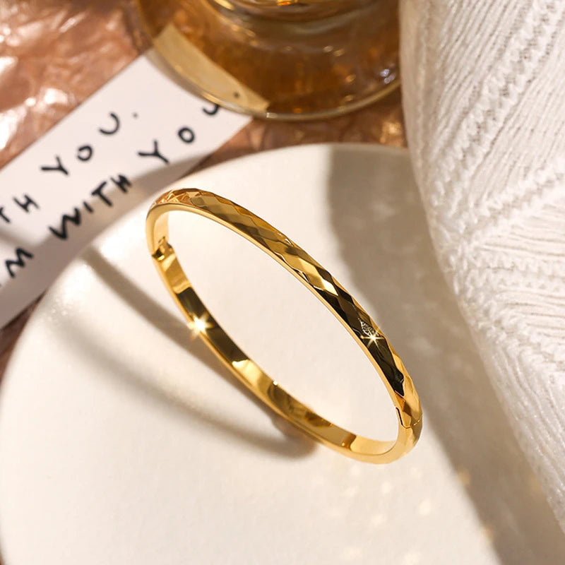 Rhombus Engraved Bangles for Women Stainless Steel Minimalist Bangles