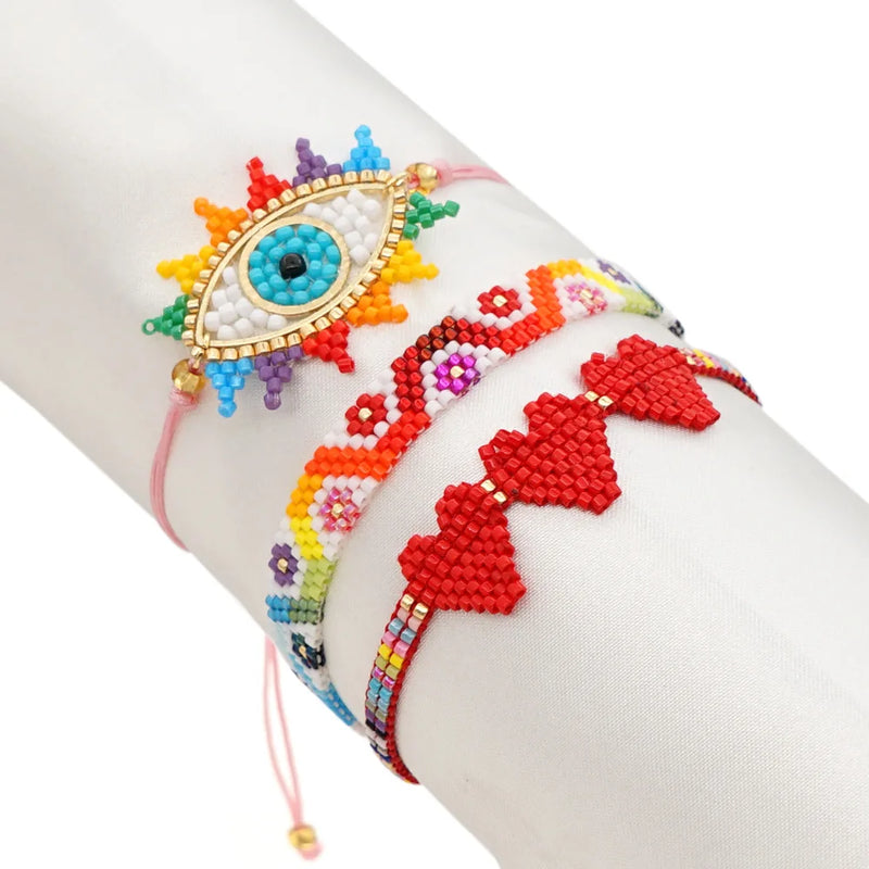 Hand Woven Rice Ball Bracelet Lucky Eye Rainbow Love Adjustable
