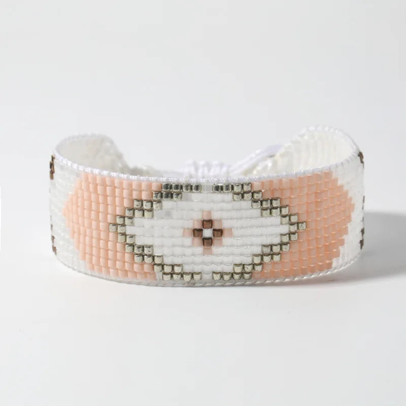 Boho Rice Bead Bracelet Handwoven Adjustable Geometric Design