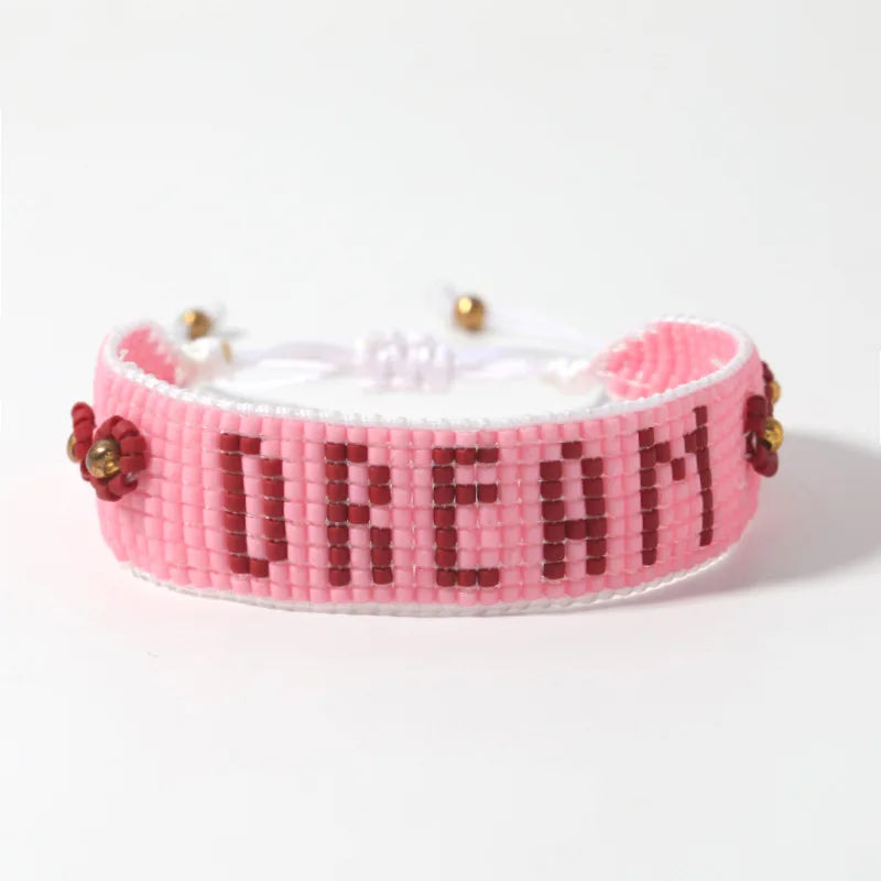 Handwoven Rice Bead Bracelet with English Alphabet, Flower Design, Bohemia Style