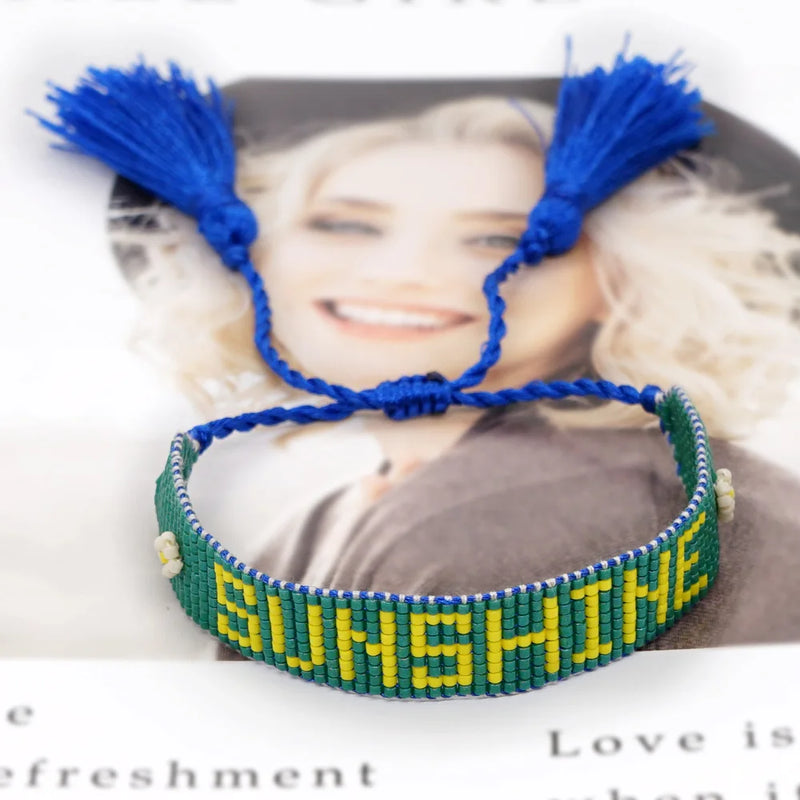 Green Letters Vintage Minimalist Hand Knit Beaded Bracelet
