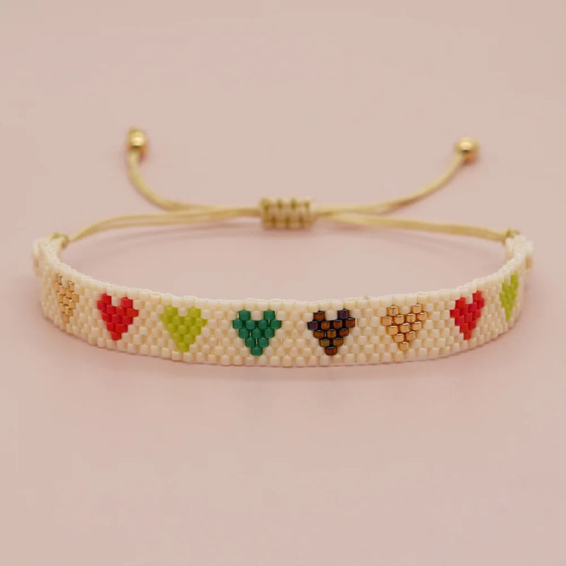 Boho Rice Bead Bracelet Heart Shape Rainbow Handmade