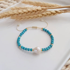 Rice Bead Turquoise Pearl Bracelet Adjustable Boho Minimalist