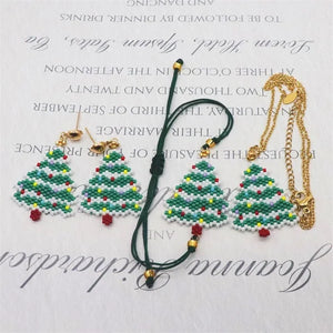 Boho Rice Bead Earrings Christmas Tree Handwoven Set