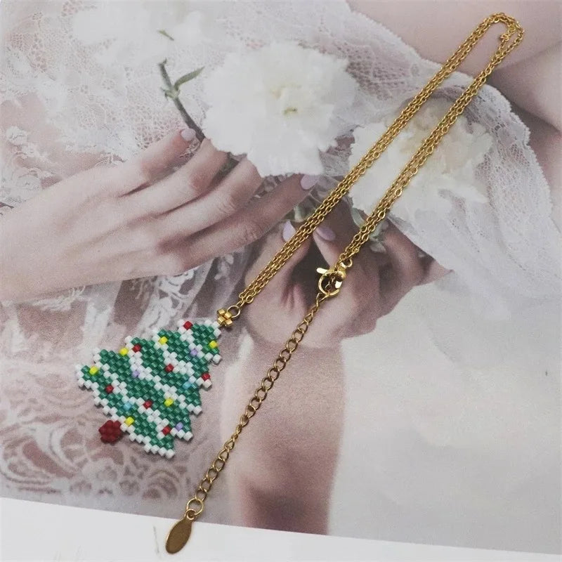 Boho Rice Bead Earrings Christmas Tree Handwoven Set