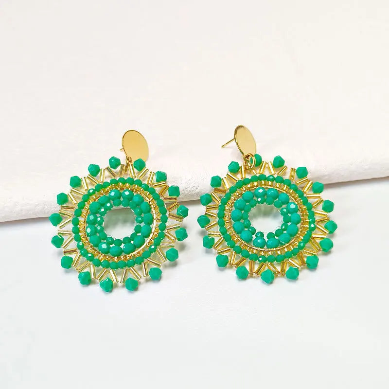 Bohemia Rice Bead Earrings Circle Crystal Green Hand Knitting