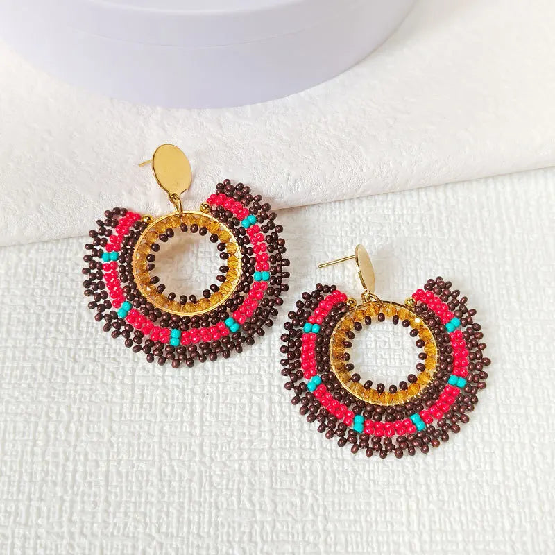 Bohemia Rice Bead Earrings Crystal Roundness Sunflower Color Hand Knitting