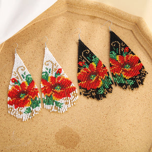 Boho Rice Bead Flower Earrings Hand Knit Alloy Bird Tassel