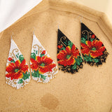 Boho Rice Bead Flower Earrings Hand Knit Alloy Bird Tassel