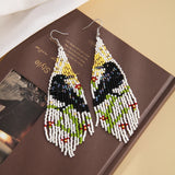 Boho Rice Bead Flower Earrings Hand Knit Alloy Bird Tassel