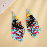 Boho Rice Bead Flower Earrings Hand Knit Alloy Bird Tassel