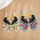 Boho Rice Bead Flower Earrings Hand Knit Alloy Bird Tassel