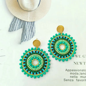Green Sunflower Roundness Rice Bead Earrings