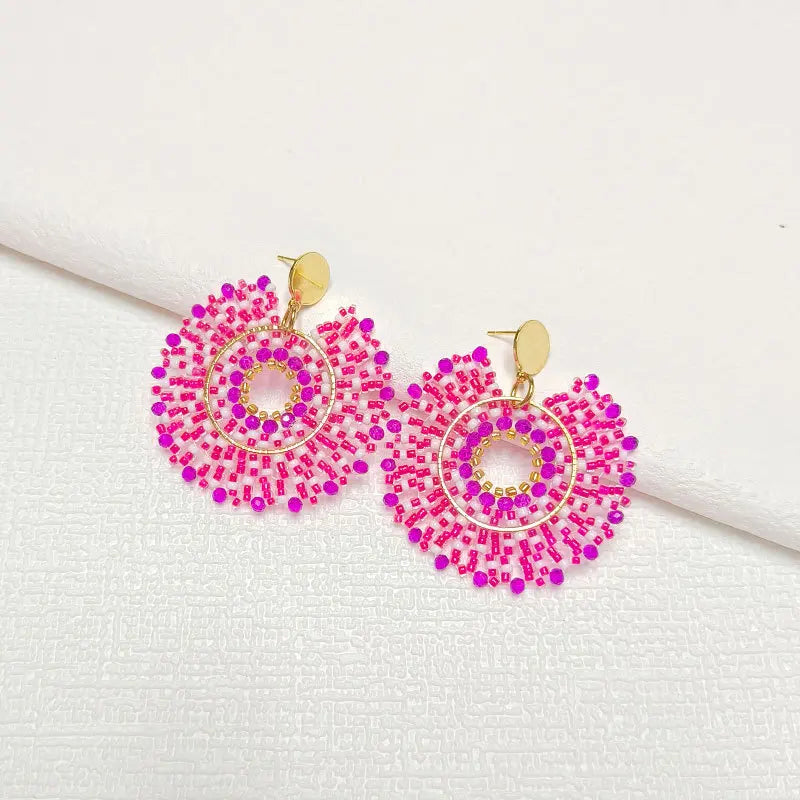 Hand Knitted Rice Bead Earrings, Rose Red Sunflower Boho Beaded Earrings
