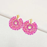 Hand Knitted Rice Bead Earrings, Rose Red Sunflower Boho Beaded Earrings