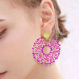 Hand Knitted Rice Bead Earrings, Rose Red Sunflower Boho Beaded Earrings