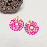 Hand Knitted Rice Bead Earrings, Rose Red Sunflower Boho Beaded Earrings