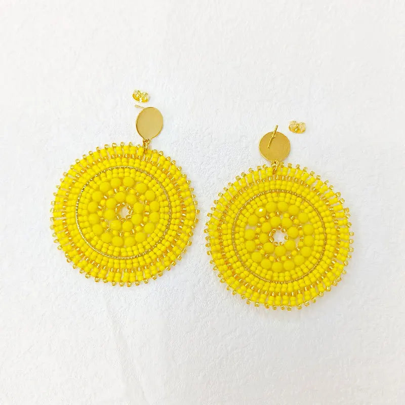 Yellow Sunflower Rice Bead Earrings Hand Knitted Bohemia Beads