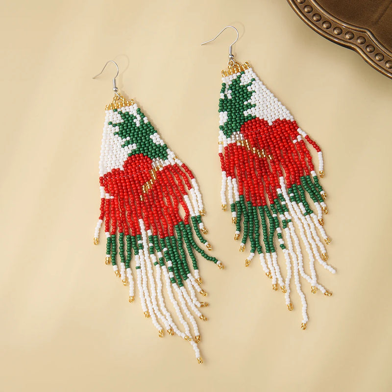 Bohemia Rice Bead Tassel Earrings Handwoven Flower Pattern