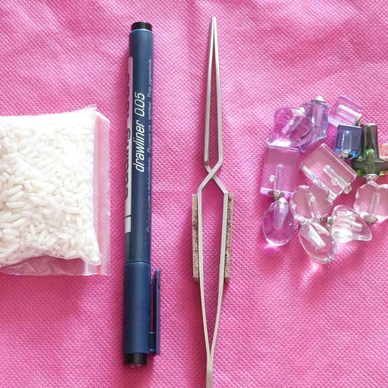Rice Drawing Set: 0.05mm Pen, Tweezers, 500pcs Rice, 30pcs Crystal Bottles