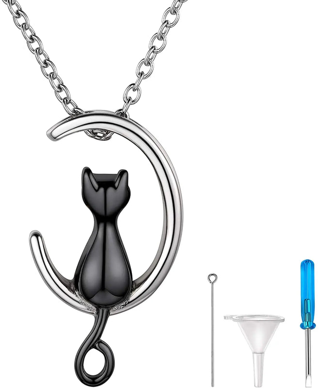 Moon Cat Urn Necklace Stainless Steel Cremation Jewelry for Ashes