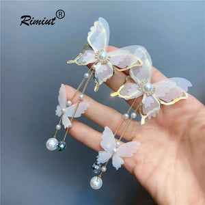 Butterfly Tassel Pearl Earrings Exaggerated Wedding Fine Jewelry