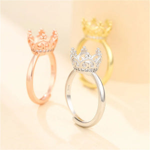 925 Silver Crown Ring Setting for 9-10mm Beads, Adjustable Base