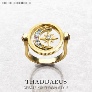 Star & Moon Gold Ring, 925 Silver, Bohemia Gift