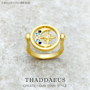Star & Moon Gold Ring, 925 Silver, Bohemia Gift