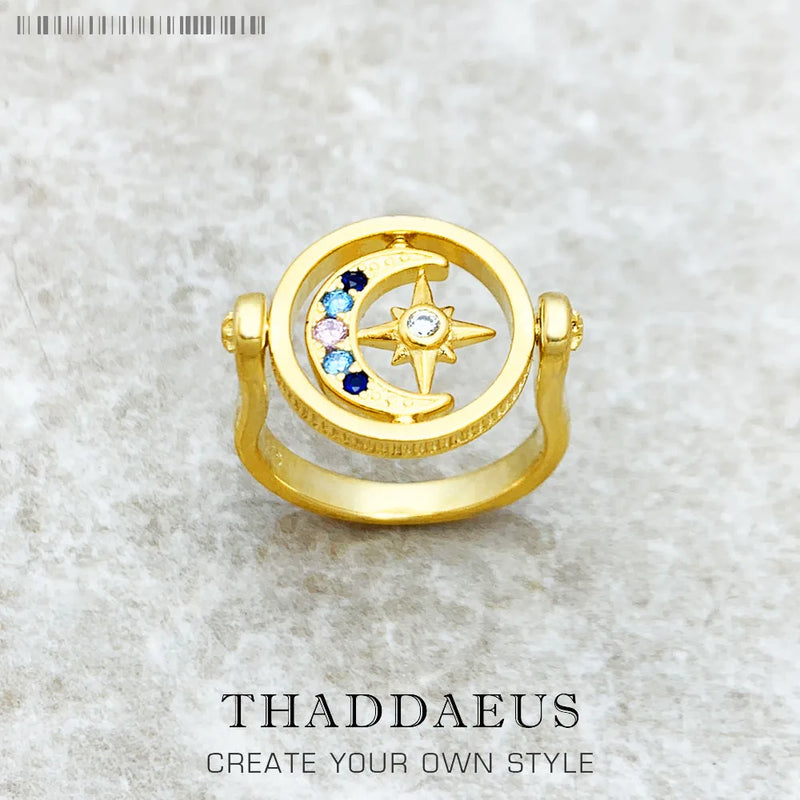 Star & Moon Gold Ring, 925 Silver, Bohemia Gift