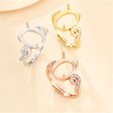 925 Silver Zircon Oval Cabochons Ring Setting, Adjustable Ring Blank